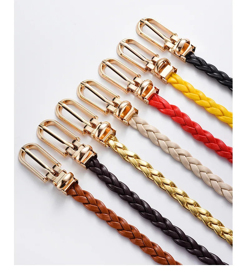0.8cm Thin Braided PU Leather Belt - Women's Pin Buckle Waistband 110cm
