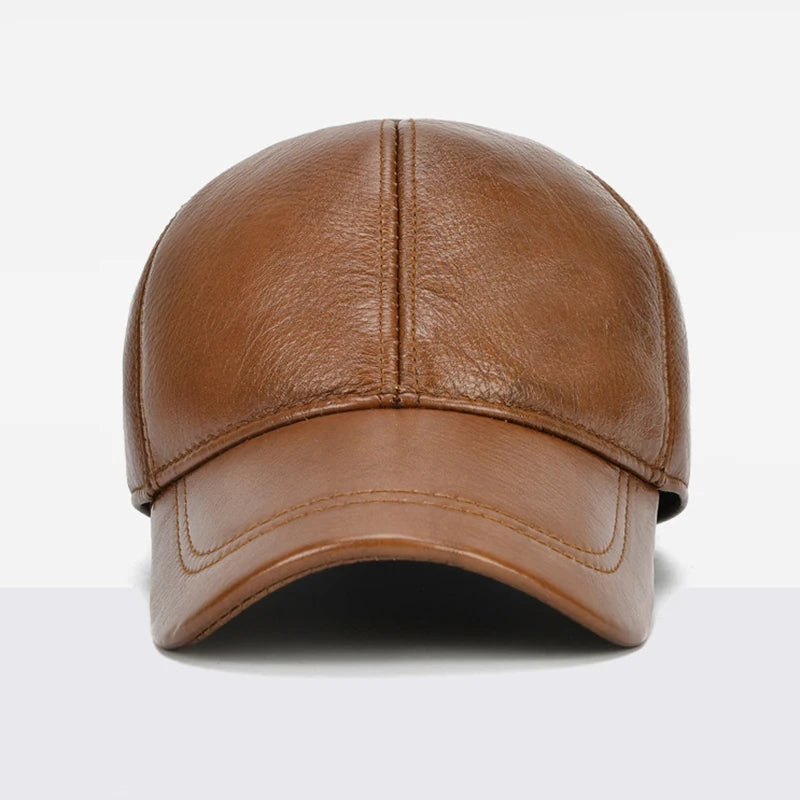 Adjustable Men's Genuine Cowhide Leather Baseball Cap - Fall Winter Sports Hat