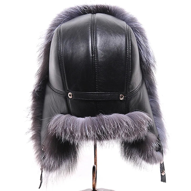 Men's Luxury Fox Fur Hat - 100% Sheepskin Ushanka with Ear Flaps