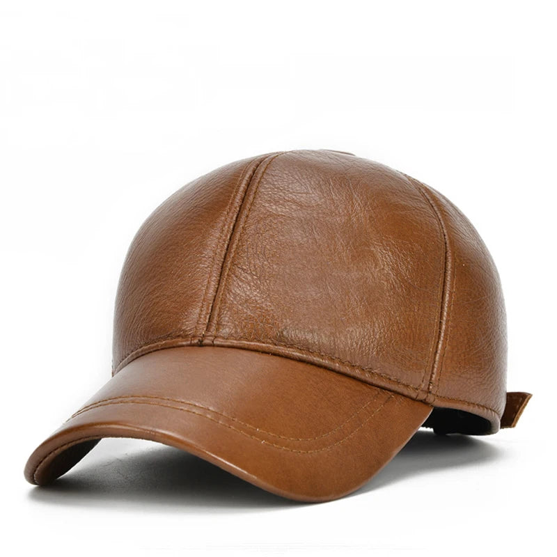 Adjustable Men's Genuine Cowhide Leather Baseball Cap - Fall Winter Sports Hat