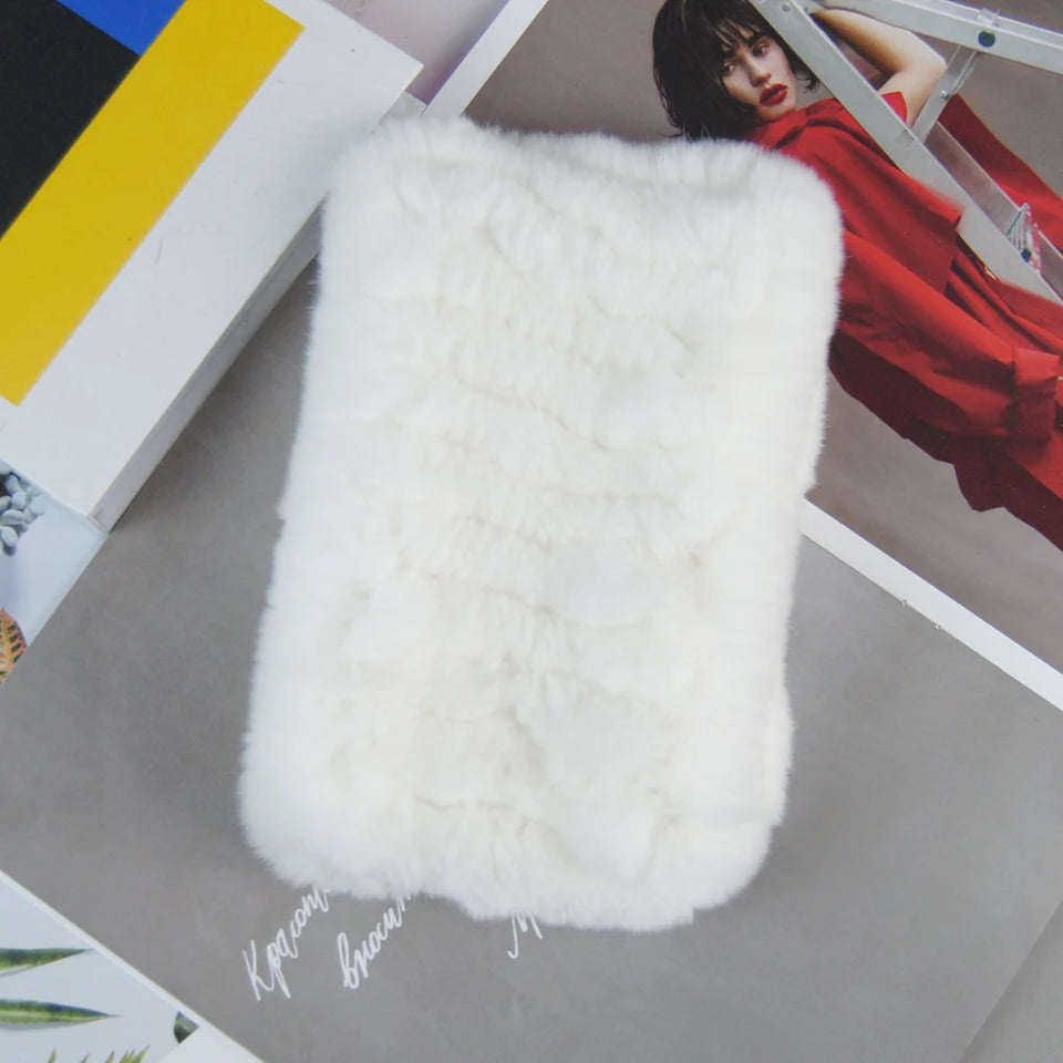 Real Rex Rabbit Fur Scarf - Women's Handmade Knit Cowl & Headband for Winter