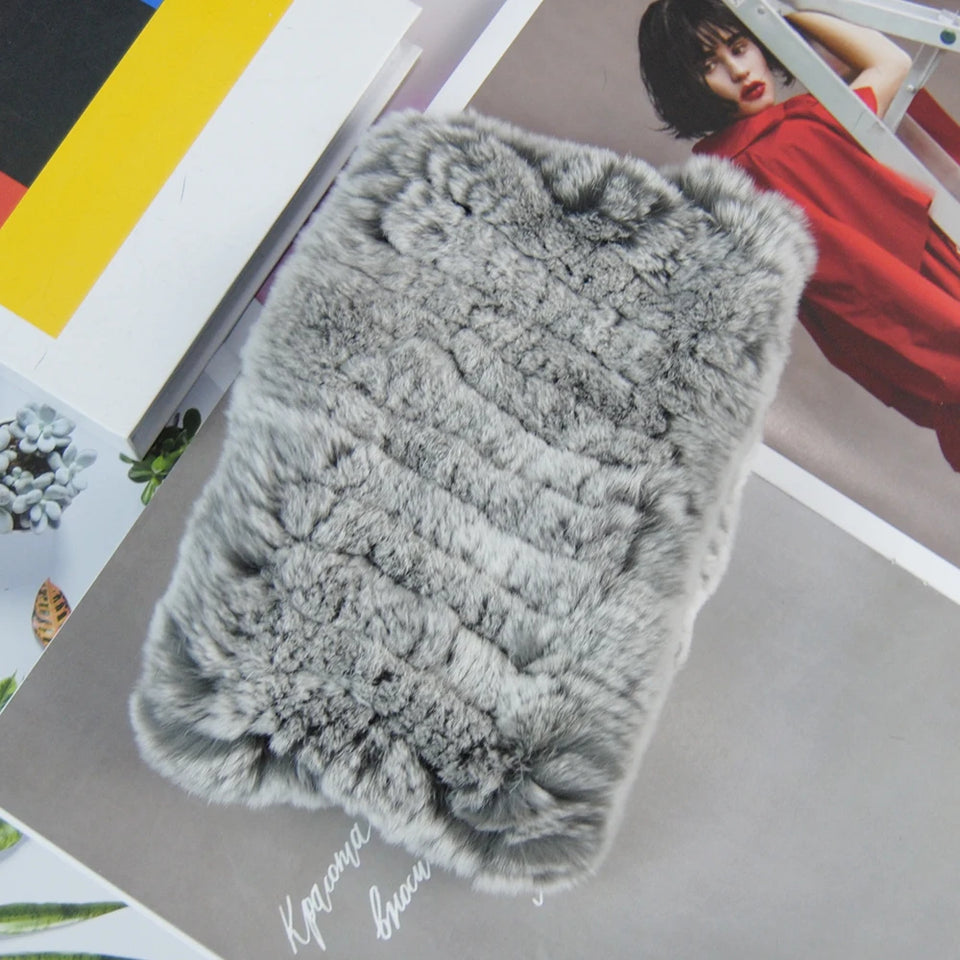 Real Rex Rabbit Fur Scarf - Women's Handmade Knit Cowl & Headband for Winter