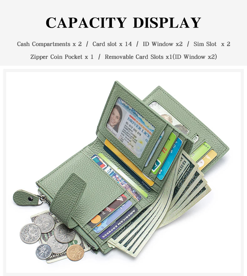 Large Capacity Women's RFID Wallet - Leather Bifold with Coin Pocket & ID Windows