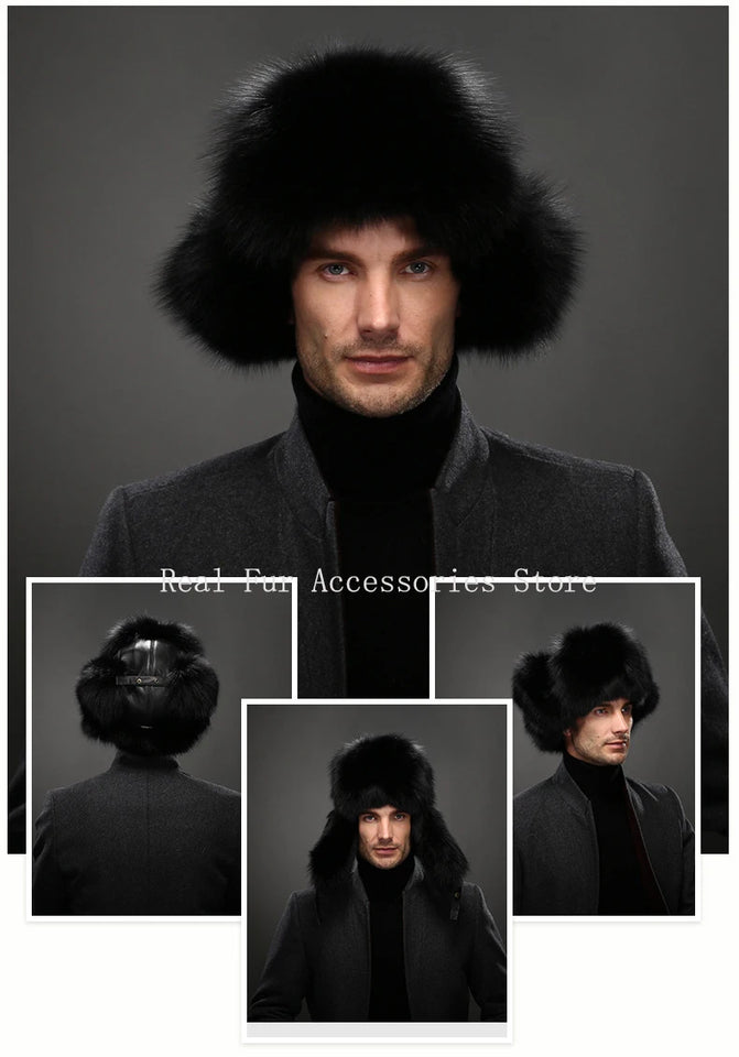 Men's Luxury Fox Fur Hat - 100% Sheepskin Ushanka with Ear Flaps
