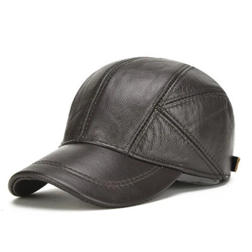 Genuine Leather Baseball Cap for Men - Cowhide Winter Hat with Earflaps