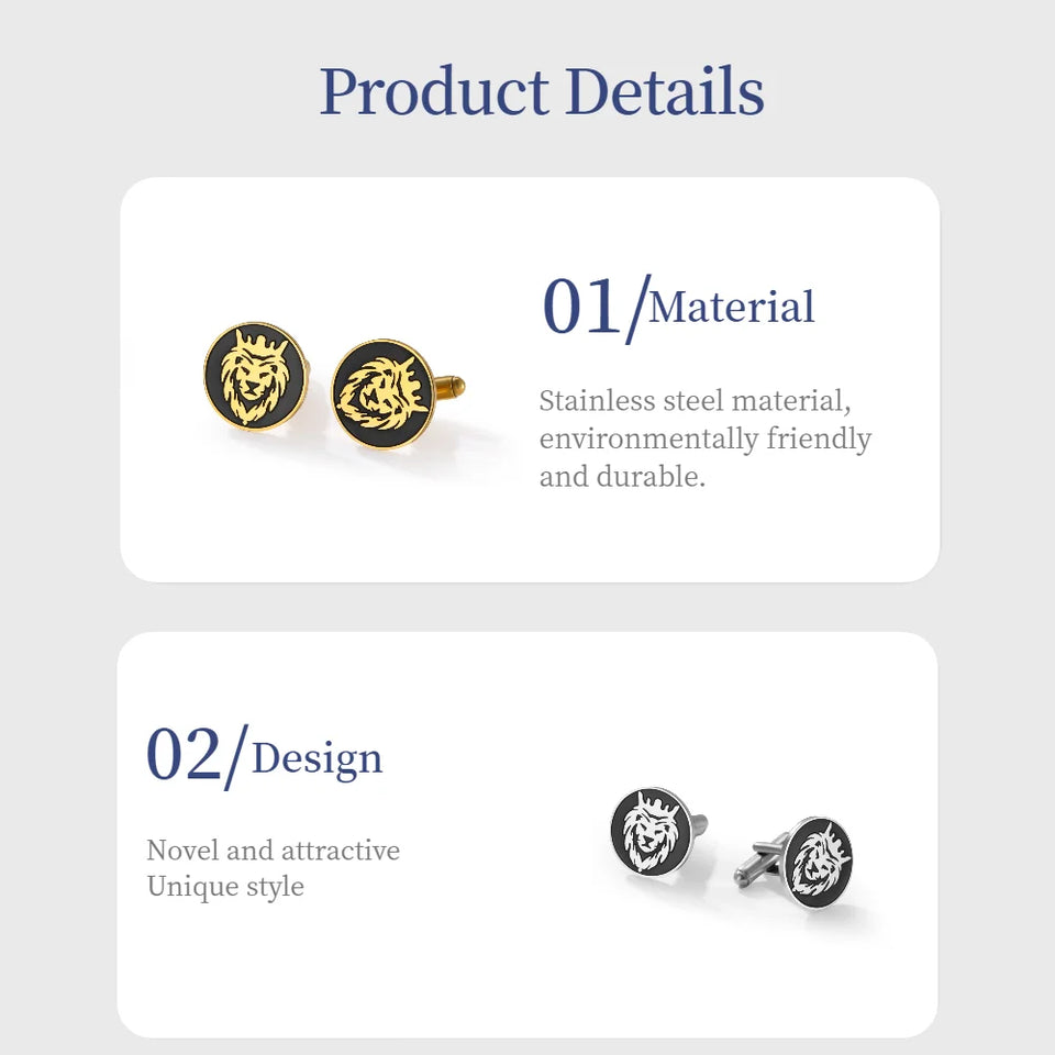 Engraved Lion King Cufflinks - Norse Viking Stainless Steel
