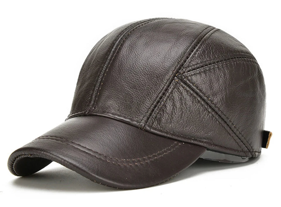 Genuine Leather Baseball Cap for Men - Cowhide Winter Hat with Earflaps