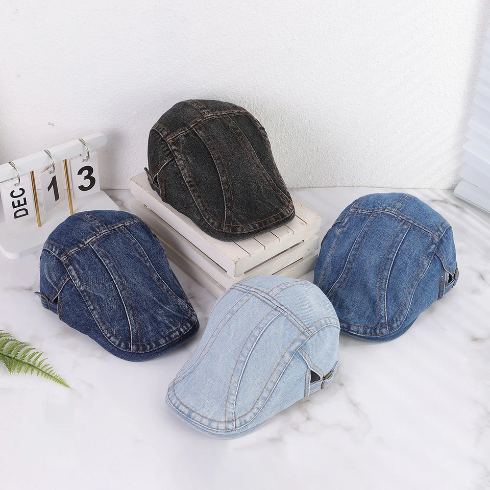 Retro Washed Denim Flat Cap - Adjustable Cotton Sunshade Hat