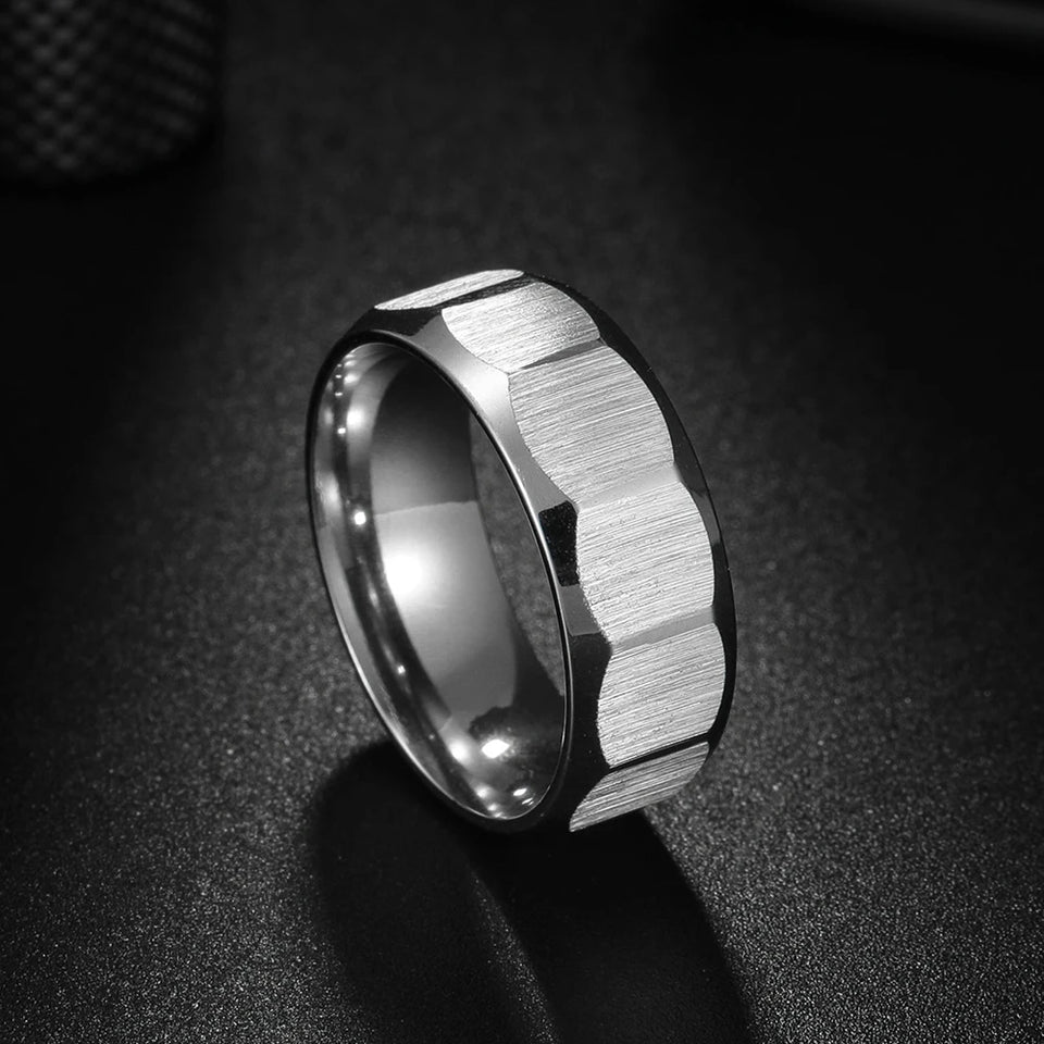 Multi-Sided Silver Ring - Stainless Steel Grooved Design