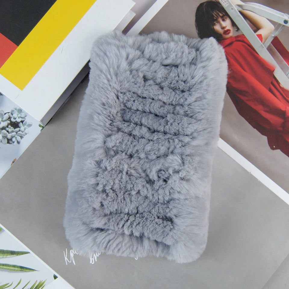 Real Rex Rabbit Fur Scarf - Women's Handmade Knit Cowl & Headband for Winter