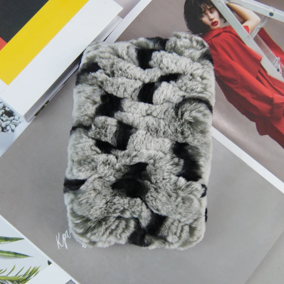 Real Rex Rabbit Fur Scarf - Women's Handmade Knit Cowl & Headband for Winter