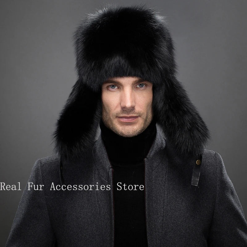 Men's Luxury Fox Fur Hat - 100% Sheepskin Ushanka with Ear Flaps