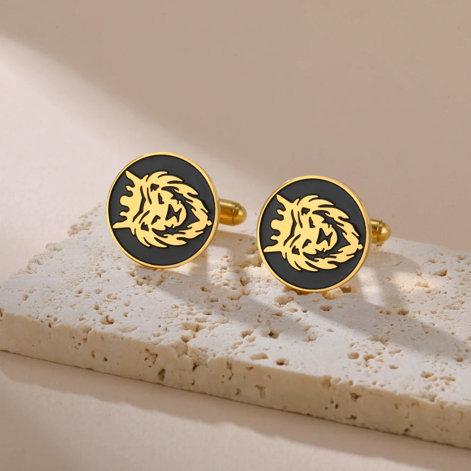 Engraved Lion King Cufflinks - Norse Viking Stainless Steel