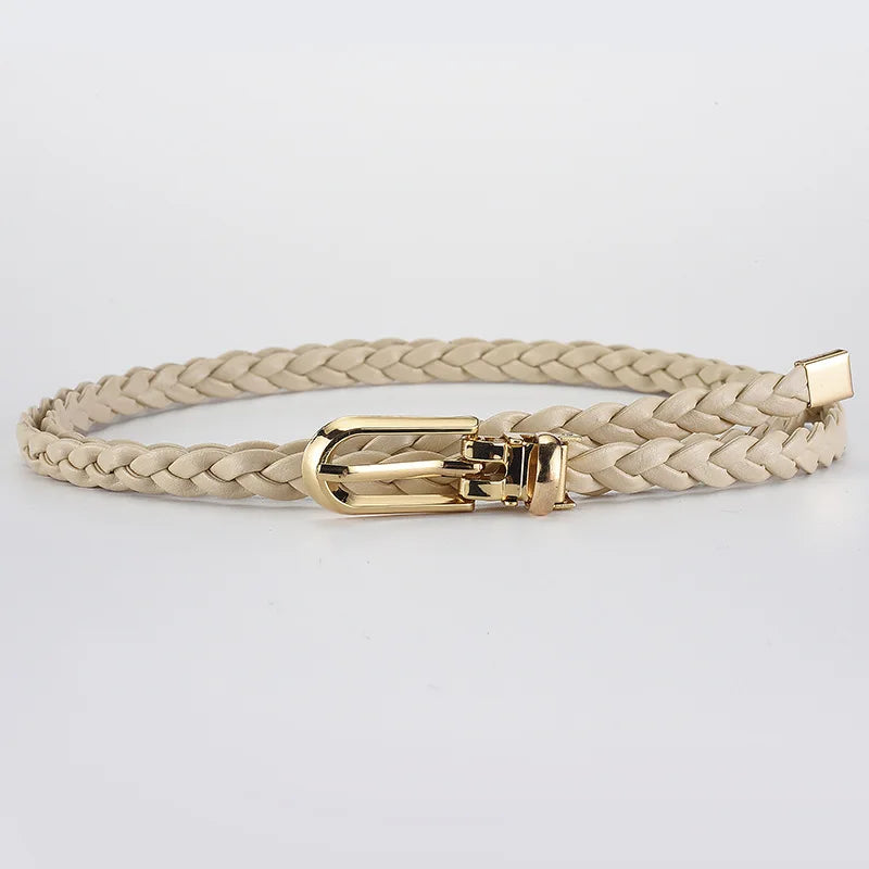 0.8cm Thin Braided PU Leather Belt - Women's Pin Buckle Waistband 110cm