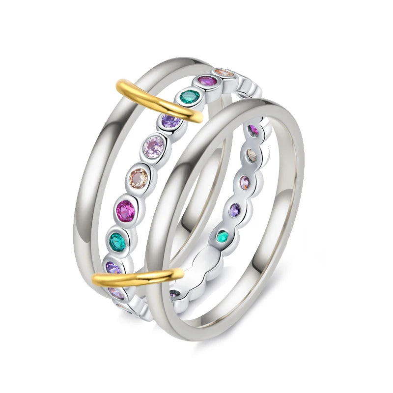 Multi-Layer Stacking Rings Set - Stainless Steel Dual Color Zircon Jewelry