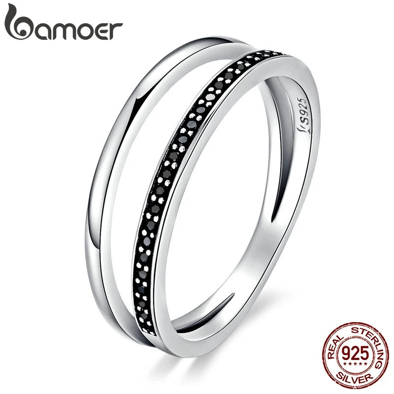 Double Circle Sterling Silver Ring - Black Clear CZ Stackable Women's Fine Jewelry