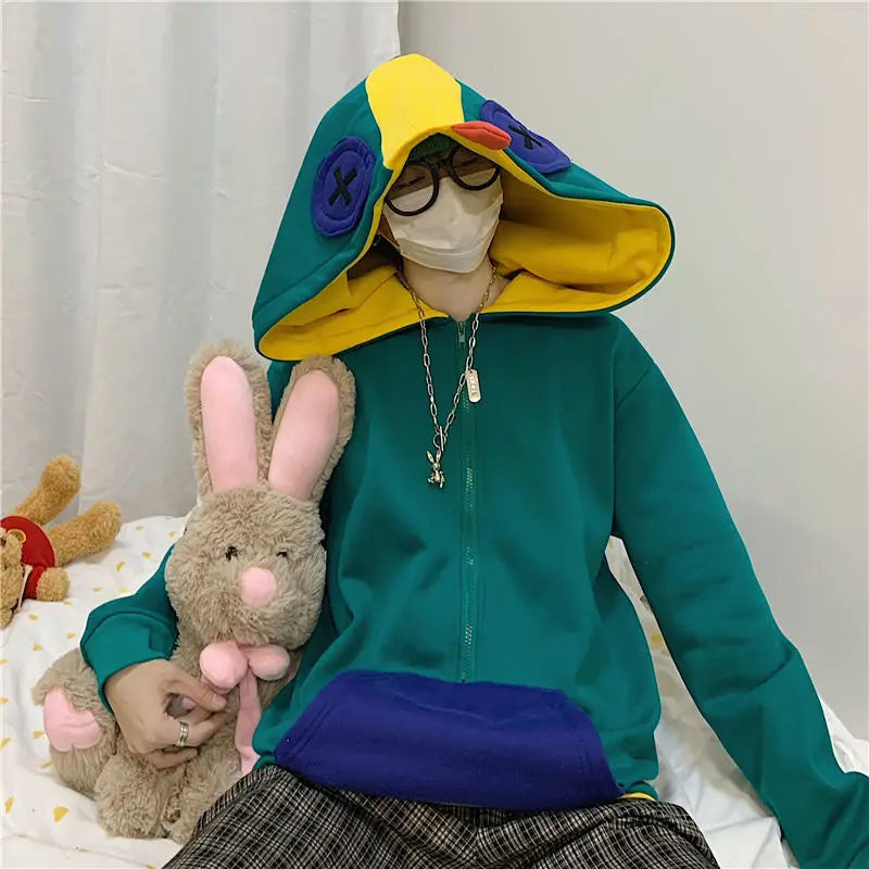 Loose Fit Frog Hoodie - Men's Plus Size Korean Style Fleece Lined Pullover