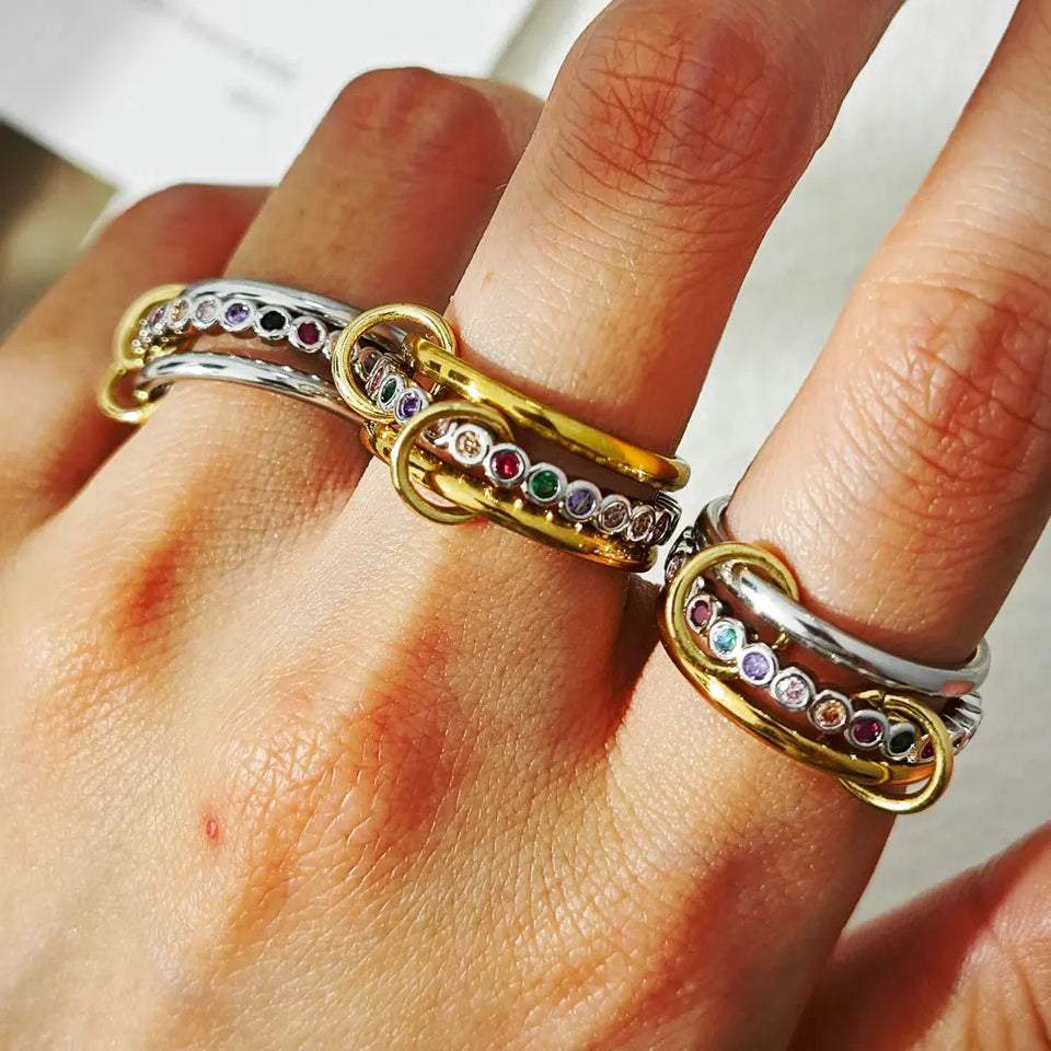 Multi-Layer Stacking Rings Set - Stainless Steel Dual Color Zircon Jewelry