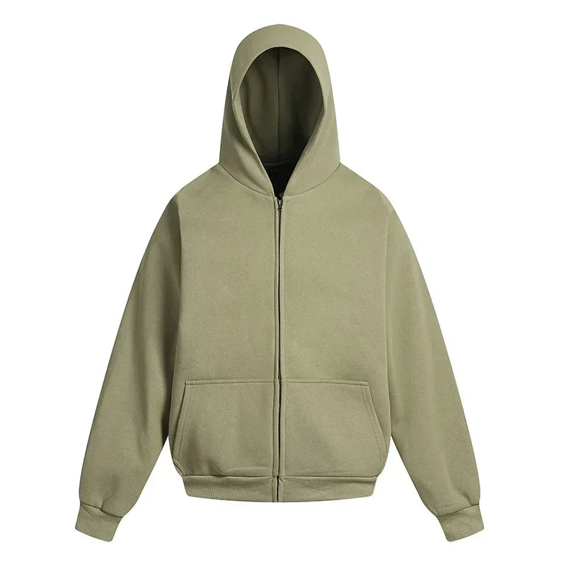 Wide Style Cotton Hoodie - Heavy Double Layer Unisex Zipper Coat