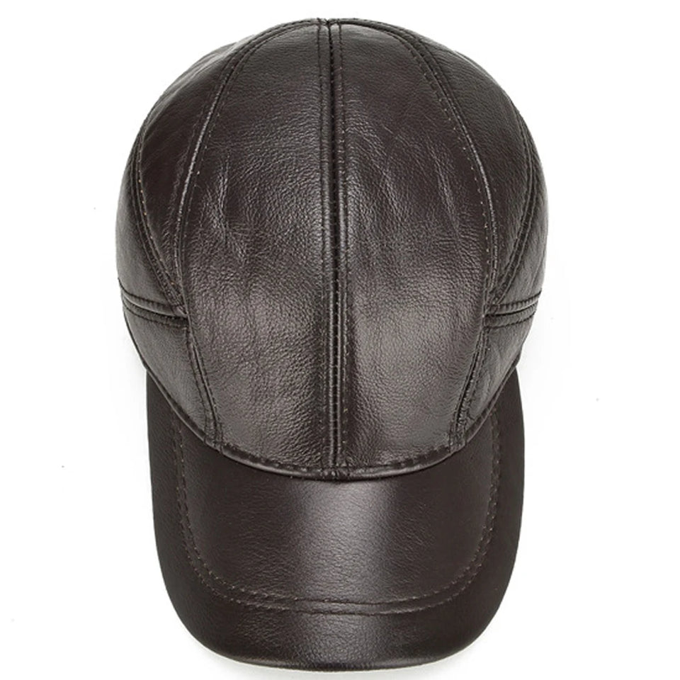 Genuine Leather Baseball Cap for Men - Cowhide Winter Hat with Earflaps