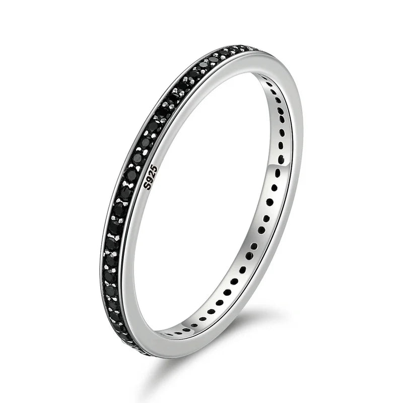 Double Circle Sterling Silver Ring - Black Clear CZ Stackable Women's Fine Jewelry