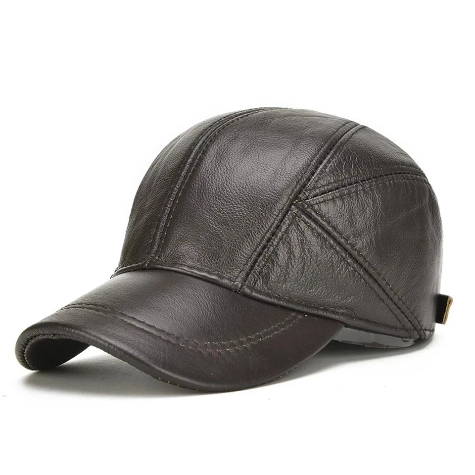 Genuine Leather Baseball Cap for Men - Cowhide Winter Hat with Earflaps