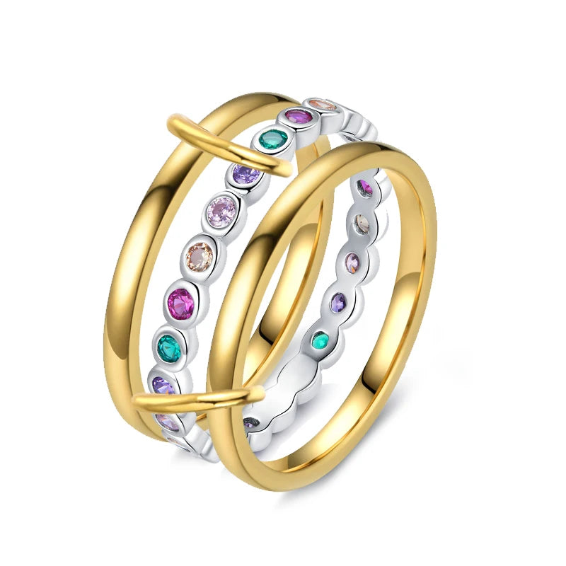 Multi-Layer Stacking Rings Set - Stainless Steel Dual Color Zircon Jewelry