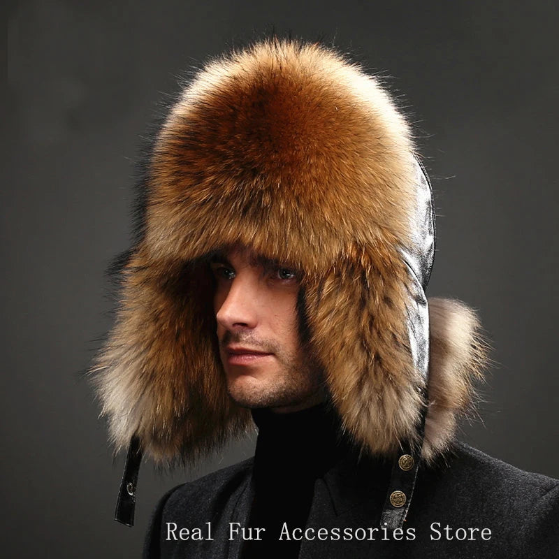 Men's Luxury Fox Fur Hat - 100% Sheepskin Ushanka with Ear Flaps