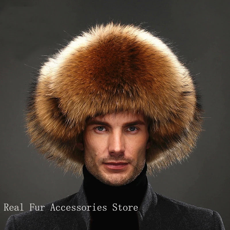 Men's Luxury Fox Fur Hat - 100% Sheepskin Ushanka with Ear Flaps