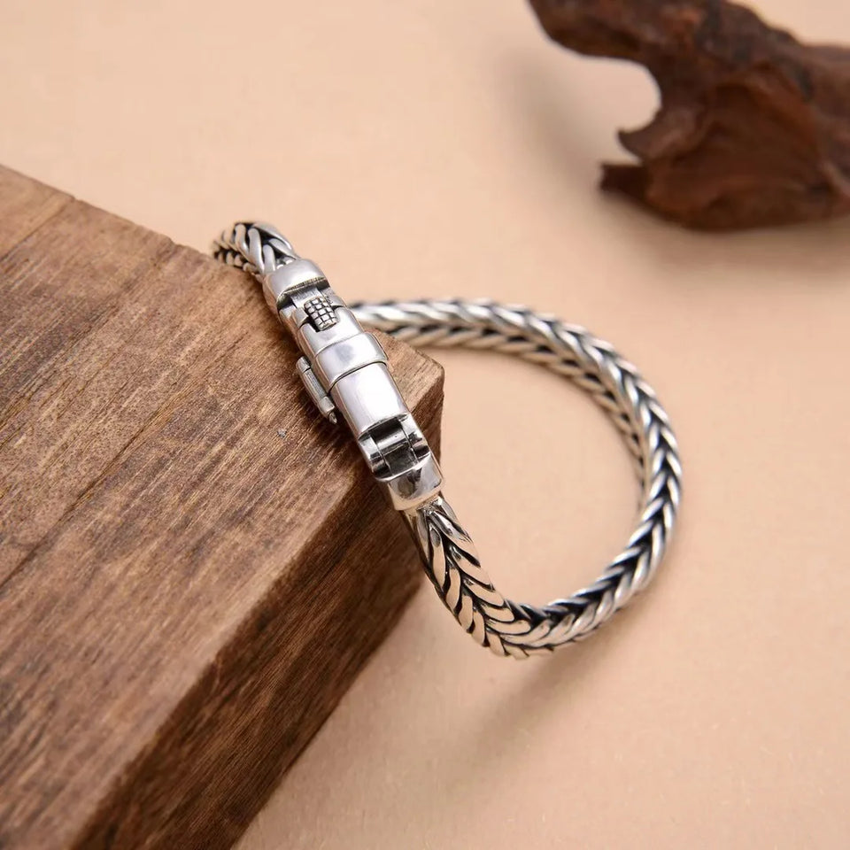 Handmade S925 Sterling Silver Bracelet - Retro Woven Style