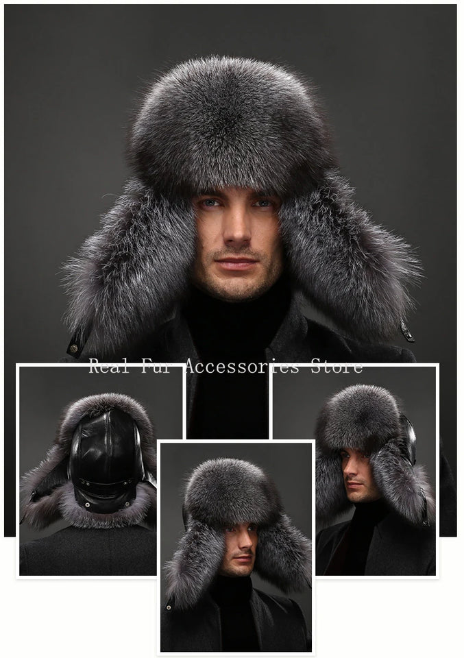 Men's Luxury Fox Fur Hat - 100% Sheepskin Ushanka with Ear Flaps