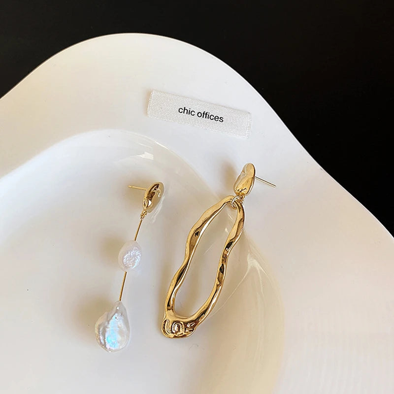 Asymmetric Freshwater Pearl Studs - Elegant Long Metallic Earrings