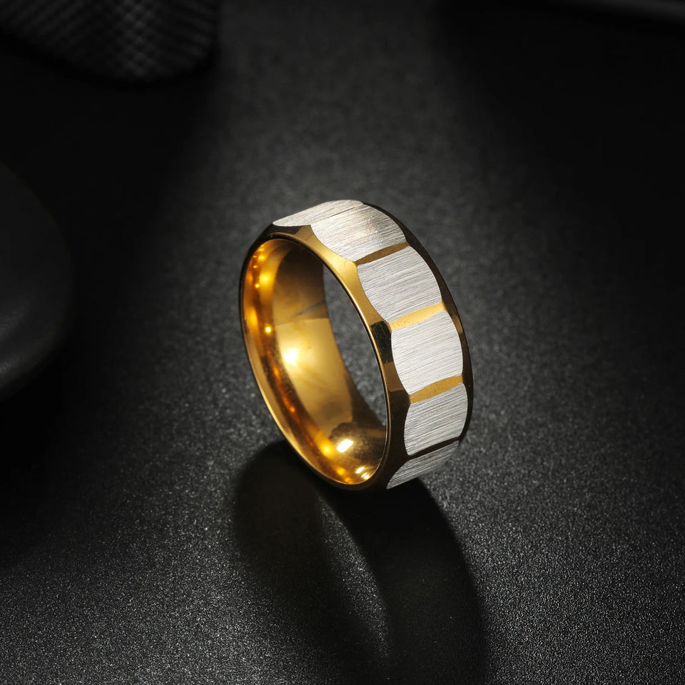 Multi-Sided Silver Ring - Stainless Steel Grooved Design