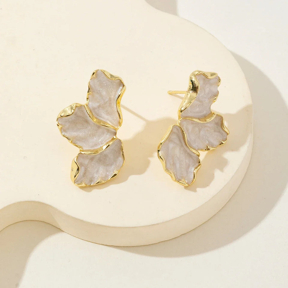 Statement Metal Flower Earrings - Women's Cream & Gold-Plated Fashion Studs