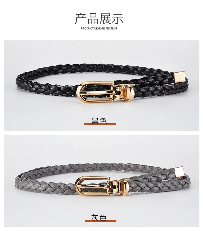 0.8cm Thin Braided PU Leather Belt - Women's Pin Buckle Waistband 110cm
