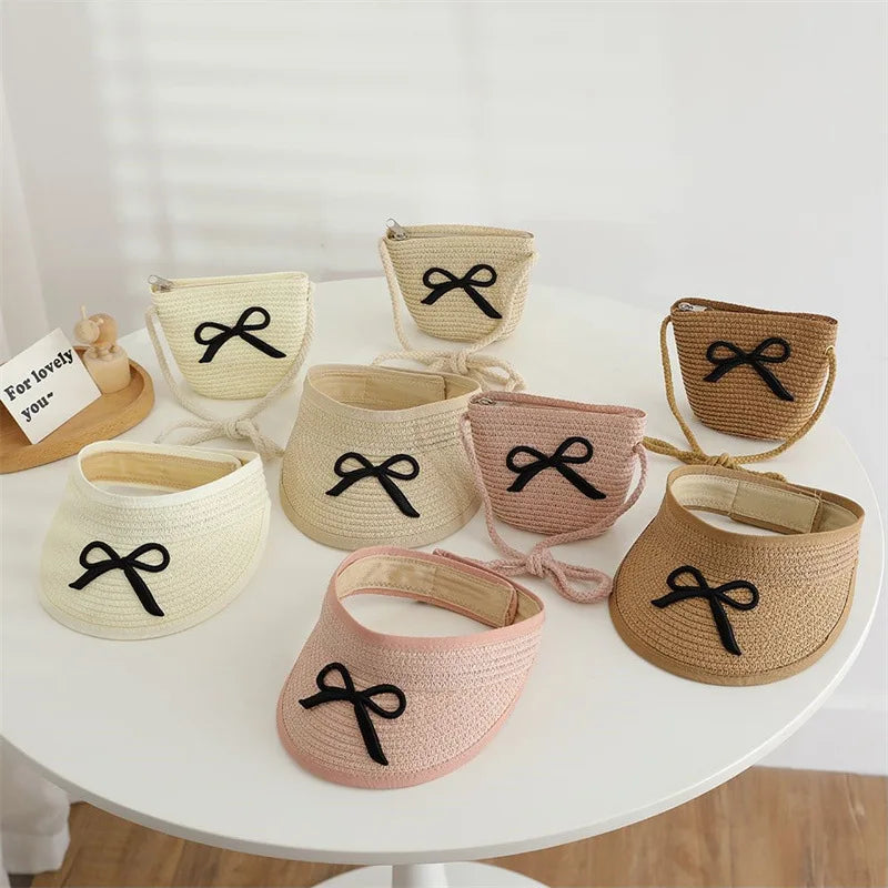 Large Brim Straw Sun Hat & Bag Set - Girls' Summer Beach Visor with Bowknot