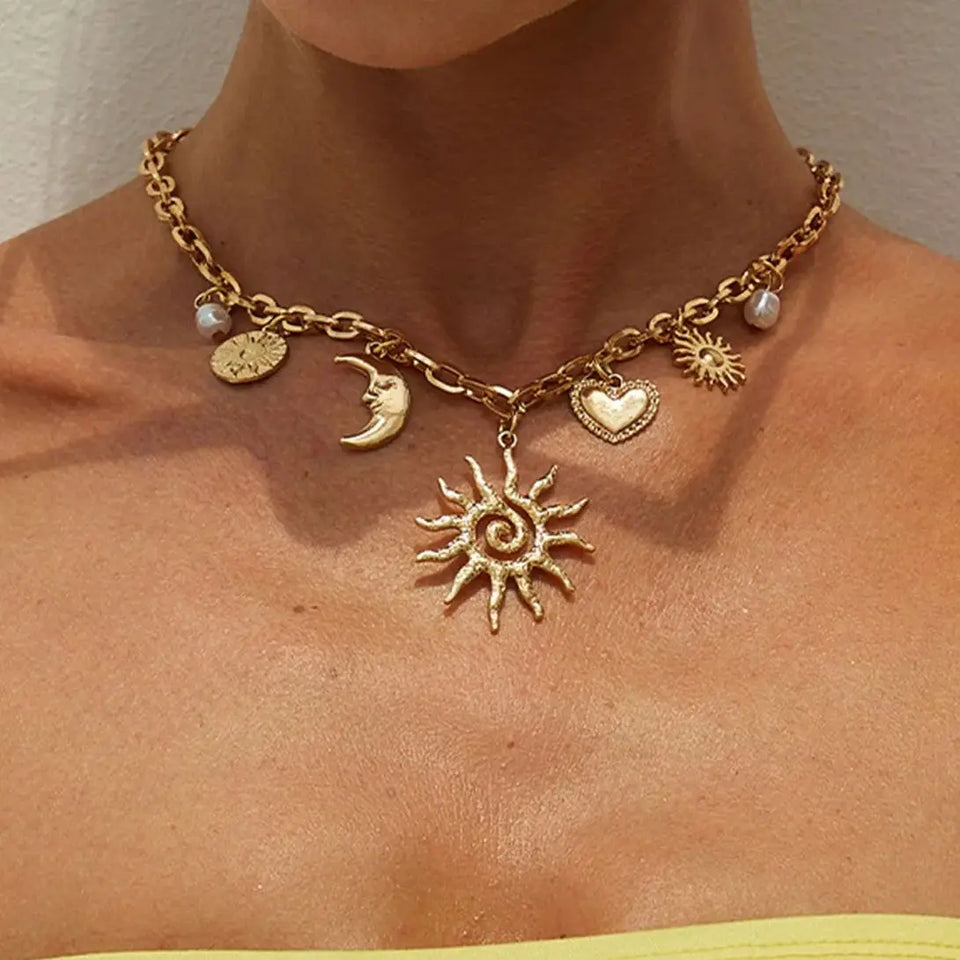 Ingemark Vintage Heart Sun Moon Necklace - Creative Alloy Chain Choker for Bridal Jewelry