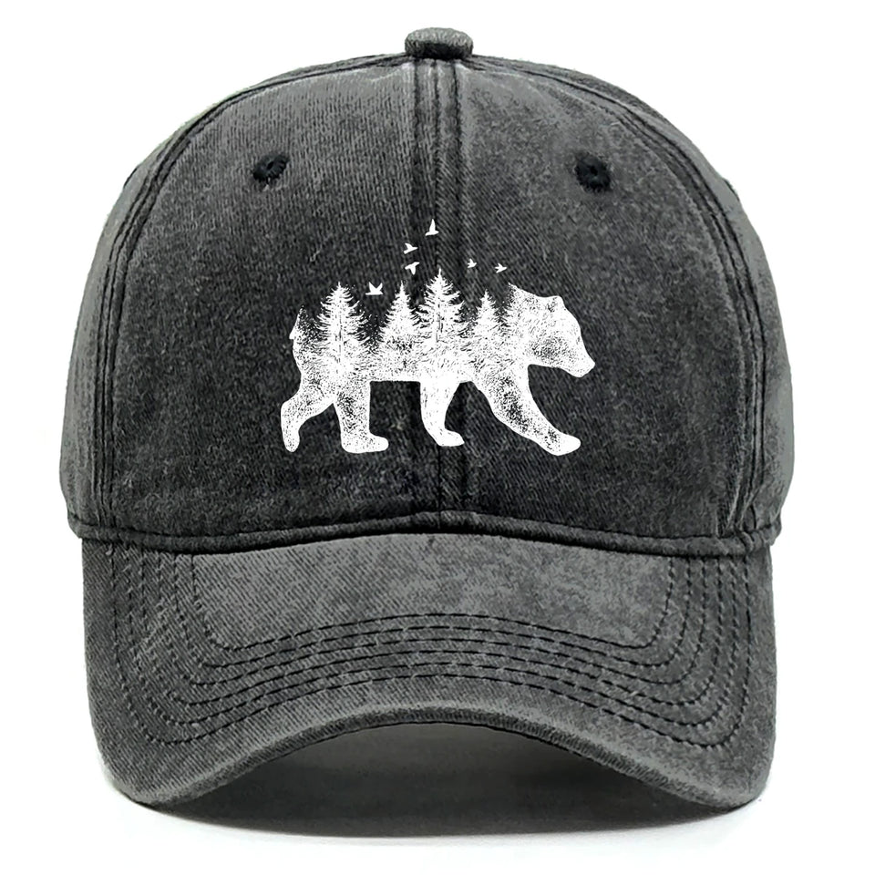 Washed Cotton Snapback Cap - Forest Bear Distressed Baseball Hat