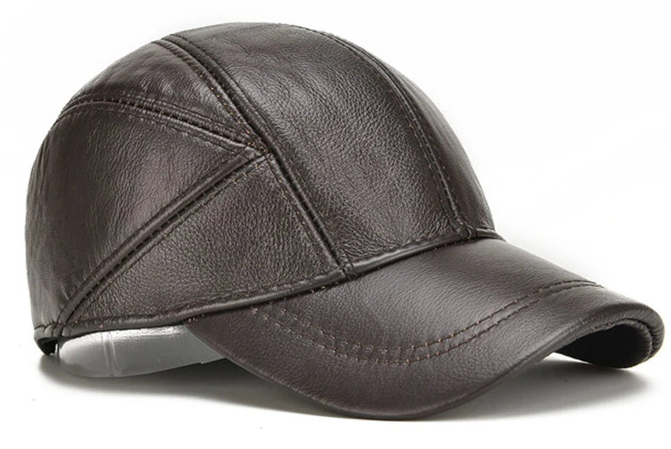 Genuine Leather Baseball Cap for Men - Cowhide Winter Hat with Earflaps