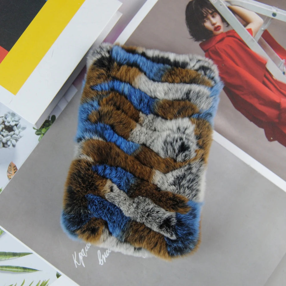 Real Rex Rabbit Fur Scarf - Women's Handmade Knit Cowl & Headband for Winter