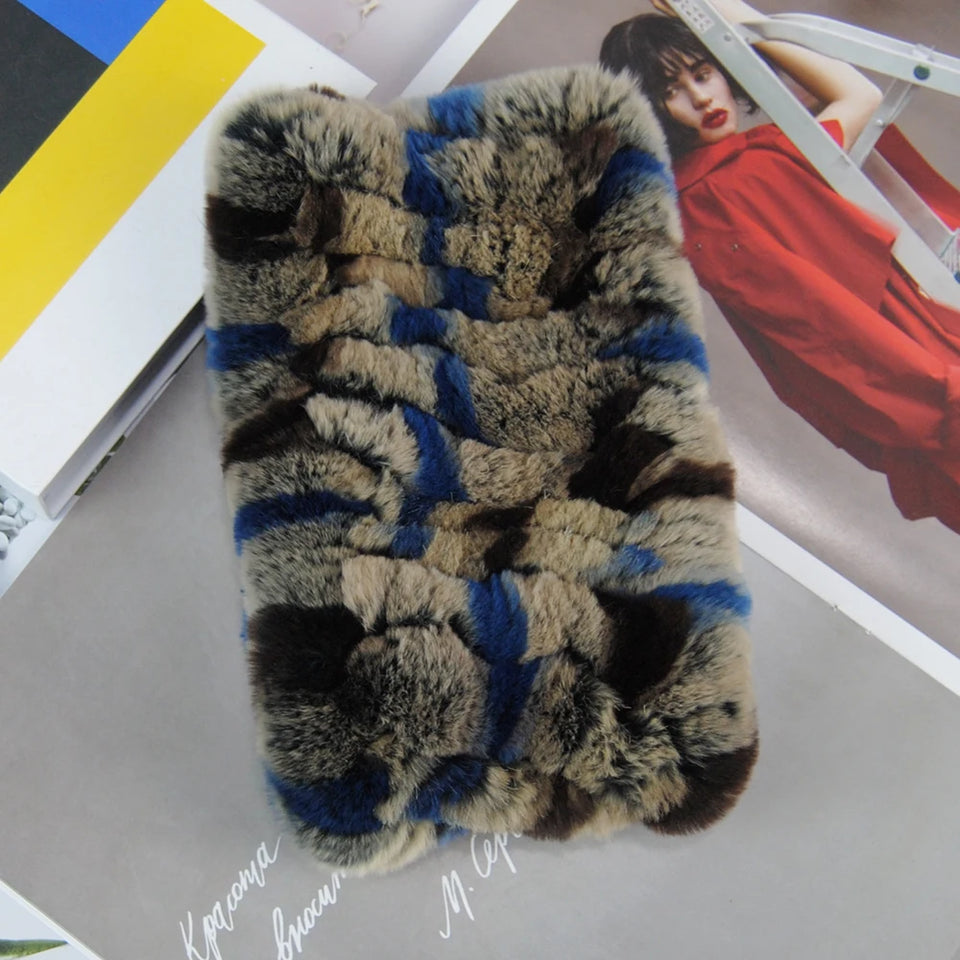 Real Rex Rabbit Fur Scarf - Women's Handmade Knit Cowl & Headband for Winter
