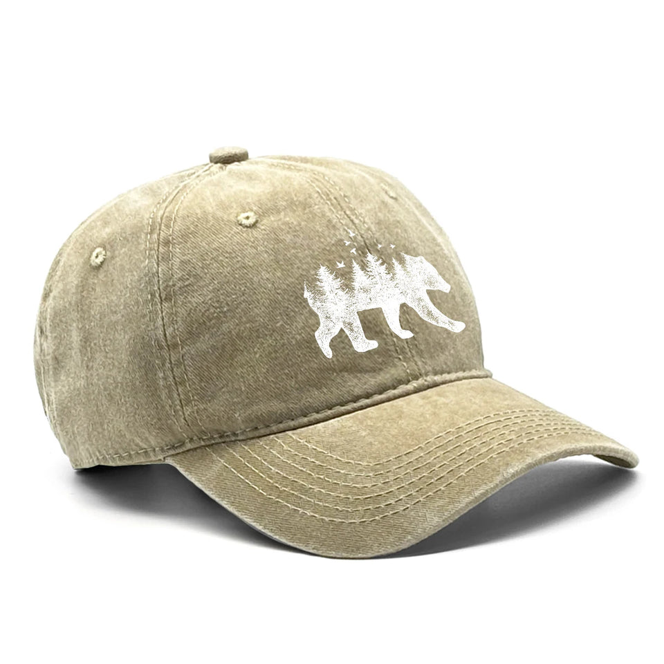 Washed Cotton Snapback Cap - Forest Bear Distressed Baseball Hat