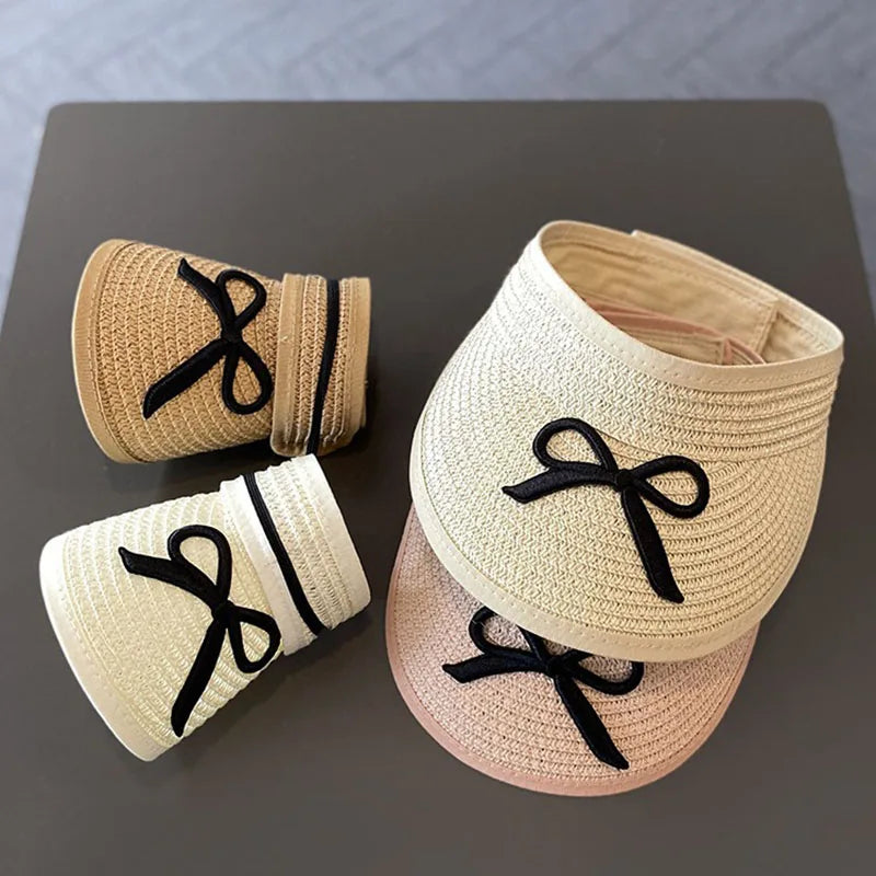 Large Brim Straw Sun Hat & Bag Set - Girls' Summer Beach Visor with Bowknot