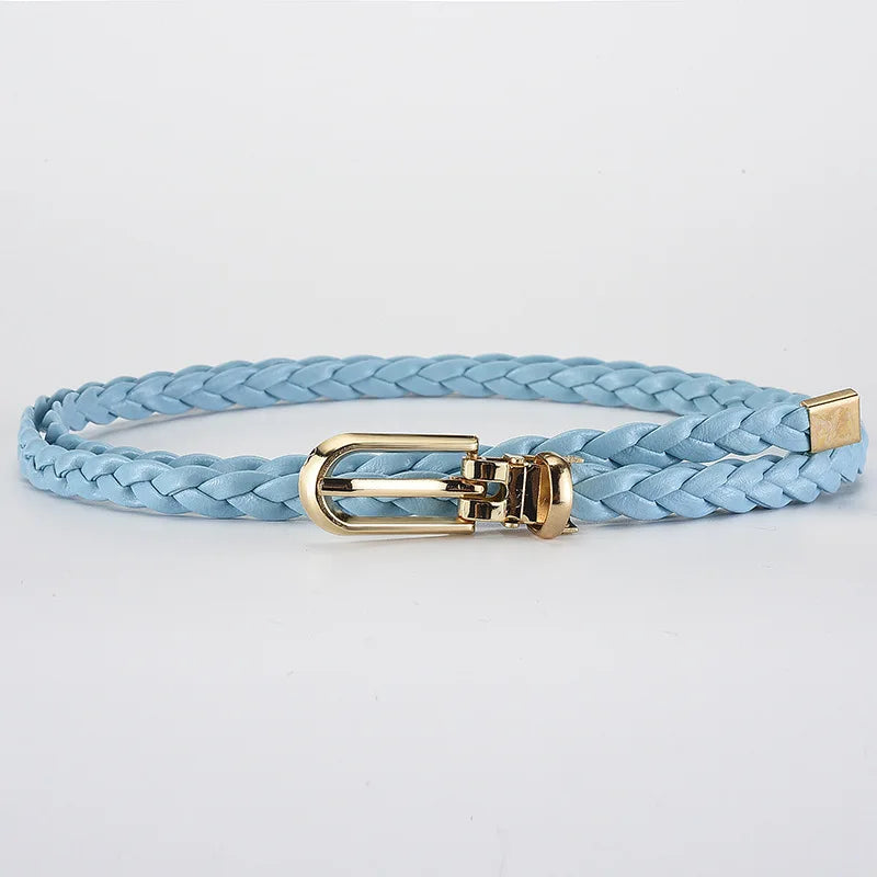0.8cm Thin Braided PU Leather Belt - Women's Pin Buckle Waistband 110cm