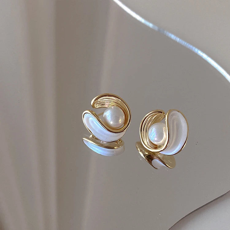 Asymmetric Freshwater Pearl Studs - Elegant Long Metallic Earrings