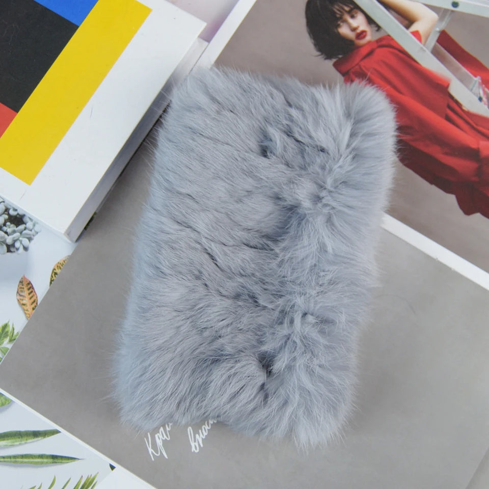 Real Rex Rabbit Fur Scarf - Women's Handmade Knit Cowl & Headband for Winter