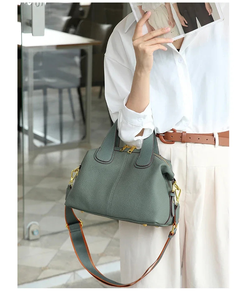 Women's Natural Leather Crossbody Bag - Premium Cowhide Large Capacity Design