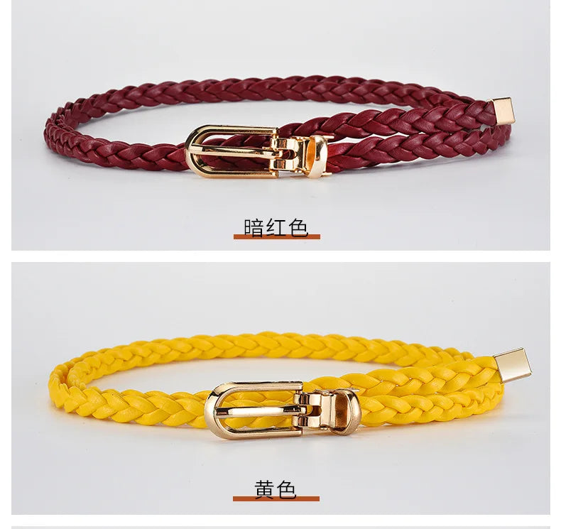 0.8cm Thin Braided PU Leather Belt - Women's Pin Buckle Waistband 110cm