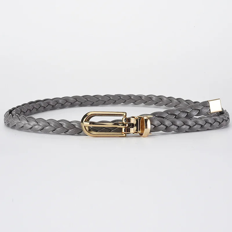 0.8cm Thin Braided PU Leather Belt - Women's Pin Buckle Waistband 110cm