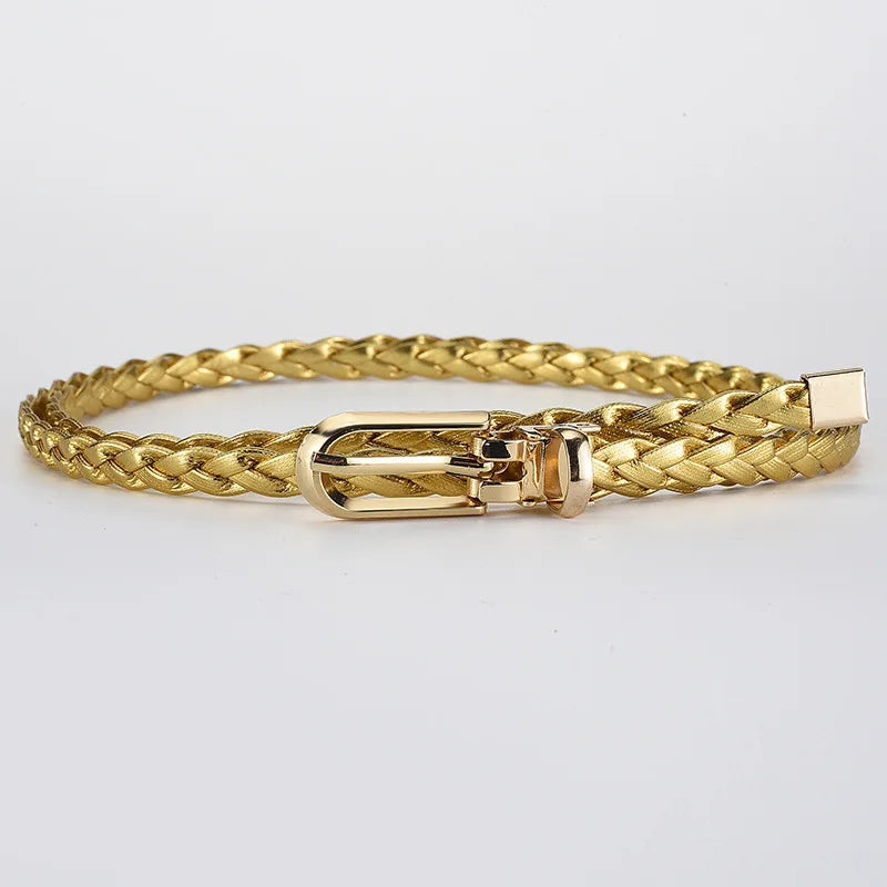 0.8cm Thin Braided PU Leather Belt - Women's Pin Buckle Waistband 110cm